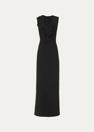 Costarellos Jevi Embellished V-Neck Crepe Sleeveless Column Gown