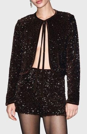 Mango Sequin Velvet Tie Neck Jacket in Chocolate at Nordstrom Rack, Size Small