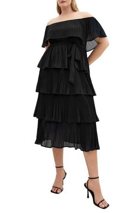 City Chic Night Garden Off the Shoulder Tiered Dress in Black at Nordstrom, Size Xxxs