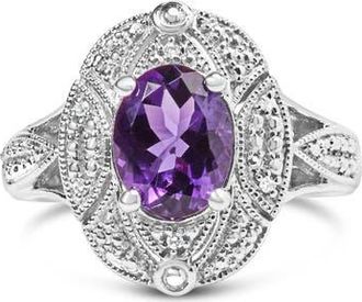House of Brilliance Silver 9x7mm Oval Purple Amethyst and Diamond Accent Cocktail Ring in White at Nordstrom, Size 6