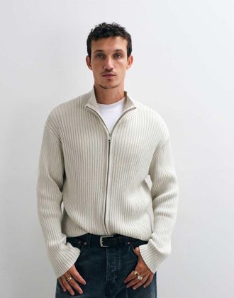 Weekday cardigan a coste con zip in bianco sporco