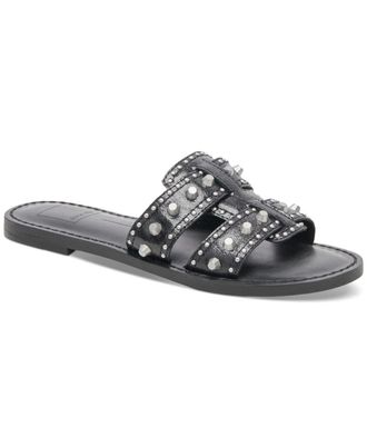 Dolce Vita Wesla Sandals Womens Black Leather Studded Slip On Slide HTAT1093