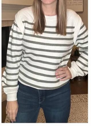 Hem & Thread Crew Neck Stripe Bubble Sleeve Pullover In Olive