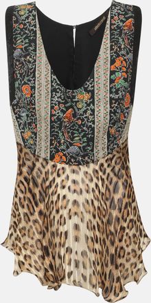 Roberto Cavalli Multicolor Floral And Leopard Printed Satin And Sequin Sleeveless Top