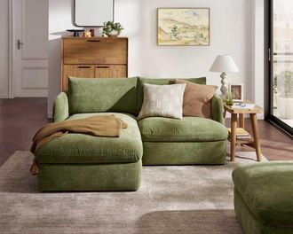 Castlery Ollie Storage Small Chaise Sectional Sofa Left Facing, (Greta) Moss, Removable Covers, Gaslift Storage for Living Room