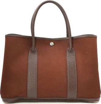 Herm&egrave;s Garden Brown Toile Officier Leather Handbag Tote Bag (Pre-Owned)