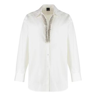 Pinko Blouses, female, White, Size: S Cotton Shirt with Rhinestones