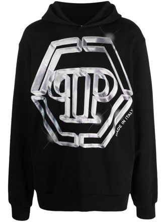 Philipp Plein logo-print cotton hoodie - men - Cotton - M - Black