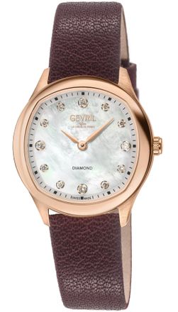 Gevril Group Womens Morcote Swiss Diamond Watch, 316L SS/IPRG Case, White MOP, Burgundy Handmade Italian Leather Strap
