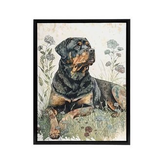 Artery8 Rottweiler Dog Laying In Wildflowers Framed Canvas Wall Art Print | Size: W24 x H32