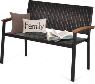 Costway Outdoor Garden Stackable Bench All-Weather PE Wicker Loveseat-Mix Brown