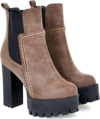 Generic Womens Suede Chunky Platform Heel Ankle Boots with Elastic Gore, Autumn/Winter Chelsea Style,Brown,5.5 UK