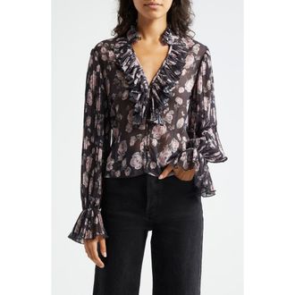 Ganni Floral Print V-Neck Shirt in Phantom at Nordstrom Rack, Size 10-12 Us / 42 Eu