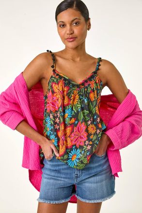 Roman Floral Printed Pom Pom Cami Top