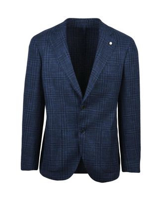 Lubiam Round Silhouette Blue Wool-Silk Jacket with Subtle Check Pattern