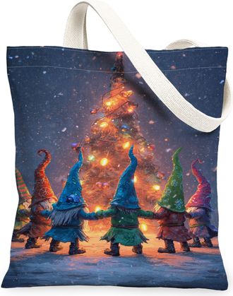 Generic Winter Gnome Canvas Tote Bags, Festive Gnome Pattern Reusable Grocery Bags, Cozy Vintage Lightweight Washable Shoulder Stra, Blue, 13x15 Inch
