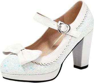 Generic Women Elegant Platform High Heel Pumps Sequin Bow Wedding Evening Party Shoes White