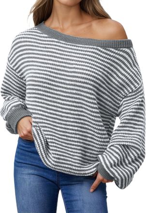 Generic Winter Jumpers Women Striped Sweaters Casual Lightweight Fine Knit Off The Shoulder Long Sleeve Pullover Sweatshirt Soft Warm Womens Stripe Sweater Ca