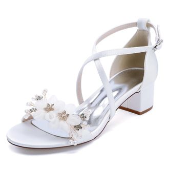 Generic Wedding Bridal Shoes Womens Low Heel Sandals Bridal Chunky Heels Wedding Party Shoes Satin Prom Party Dress Pumps 4.5Cm,White,10 UK