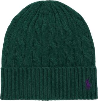Ralph Lauren Pony-geborduurde Kabel Gebreide Mutsmuts - Dames - Hoeden - Groen - ONE Size - Wol - Accessoires