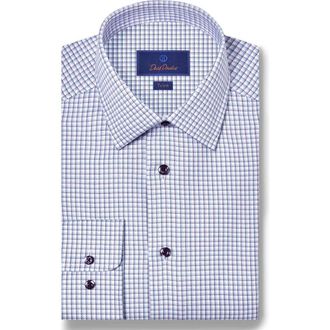 David Donahue Trim Fit Herringbone Check Dress Shirt in Blue/Purple at Nordstrom Rack, Size 14.5 - 32/33