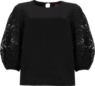 Max Mara Mstordine Macram&eacute; Sleeve Top - female - Max Mara Studio - T-Shirts - Black - XS - Tops