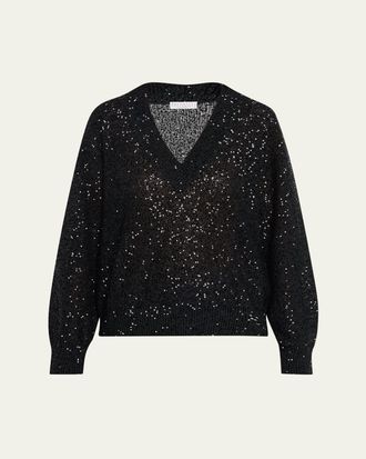 Brunello Cucinelli Shimmering Linen-Cashmere V-Neck Sweater