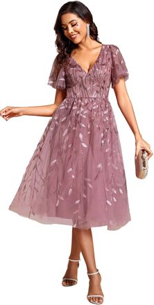 Ever-pretty Prom Dress Leaf Sequin Short Sleeve Tulle Midi Wedding Guest Dress Orchid 16UK