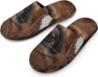 Generic Animal Horse Eyelashes Warm Mens Slippers Slip On Soft Fleece House Shoes Winter Indoor Outdoor