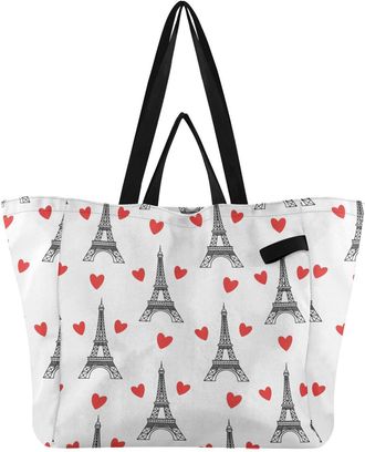 Generic Paris Hearts Red print Reusable Canvas Tote Bag, Heavy Duty Grocery Shopping Bag with Large Capacity Hard Bottom Double Handles Work Groceries Travel