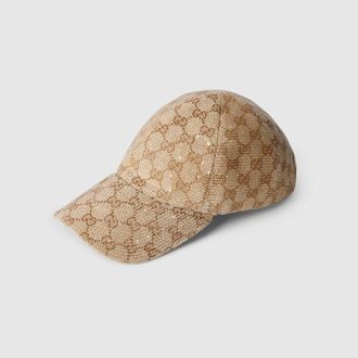 Gucci GG Canvas Baseball Hat With Crystals, Size XL, Beige