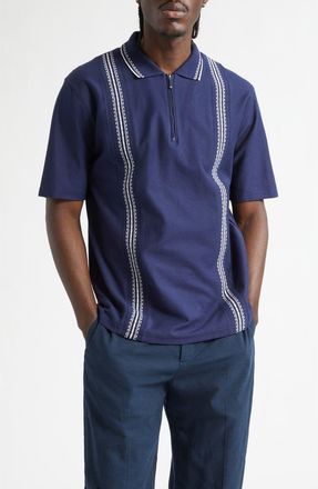 Palmes Stripe Jacquard Trim Zip Polo in Navy at Nordstrom, Size X-Large