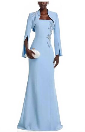 Teri Jon Crepe Bead Trim Bolero And Strapless Gown In Powder Blue