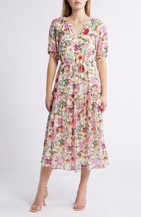 Julia Jordan Floral Puff Sleeve Midi Dress in Ivory Multi at Nordstrom, Size X-Small