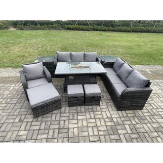 Fimous Wicker Rattan Garden Furniture Set Gas Fire Pit Dining Table Reclining Chair 3 Seater Sofa Set Indoor Outdoor with 2 Side Tables 3 Footstools 10