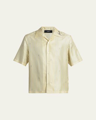 Amiri Mens Silk Micro-Logo Stripe Short-Sleeve Shirt