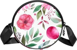 Generic Circle Crossbody Bag for Women, Floral Leaves Small Sling Bag Daypack with Zipper Adjustable Shoulder Straps Casual Ladies Girls Round Purse