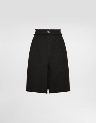 Dolce & Gabbana Raschel Tweed Midi Skirt With Central Slit And Dg Logo - Woman Black 36