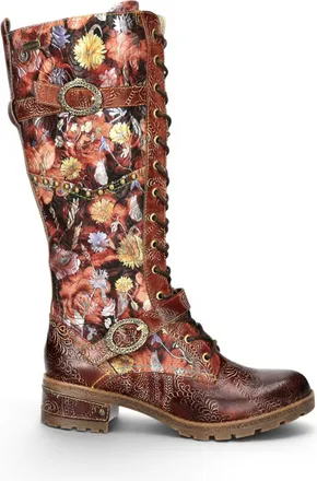 Laura Vita Womens Victorian Floral Maroon Leather High Lace-Up Long Boots - Cocrailo-82