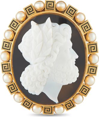 Luxury Bazaar Antique 18K Yellow Gold Mudstone and Pearl Cameo Brooch MF23-080726