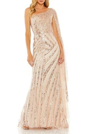 Mac Duggal One Shoulder Cape Sleeve Embellished Gown in Rose Gold at Nordstrom, Size 10