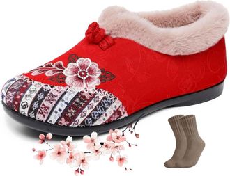 Generic Womens Warm Floral Winter Ankle Boots, Cozy Lightweight Non-Slip Everyday House Shoes Moccasin Indoor Outdoor (Red,5.5)