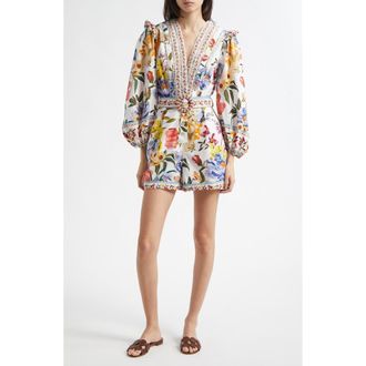 Farm Rio Greek Garden Long Sleeve Plunge Neck Cotton Romper in White Floral at Nordstrom Rack, Size X-Large