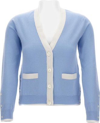 Thom Browne V-Neck Knitted Cardigan With Patch Pockets And Contrast Trim
