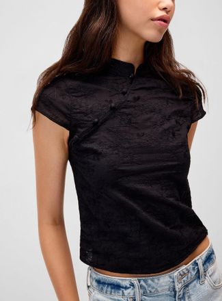 Twik Womens Floral embroidery buttoned collar T-shirt