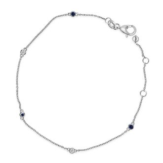 House of Brilliance 14K White Gold Alternating Blue Sapphire and Diamond Bezel Station Chain Bracelet