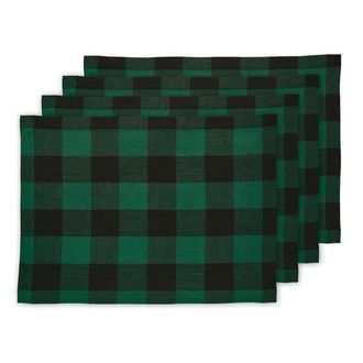 Solino Home Linen Placemats Set of 4, 14 x 19 Inch for Dining Table, Holiday and Everyday Table Decor - Buffalo Check in Green And Black at