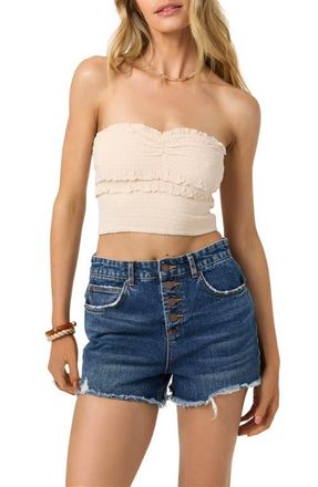 O'Neill Dedra Smocked Ruffle Strapless Crop Top in Tapioca at Nordstrom, Size Medium