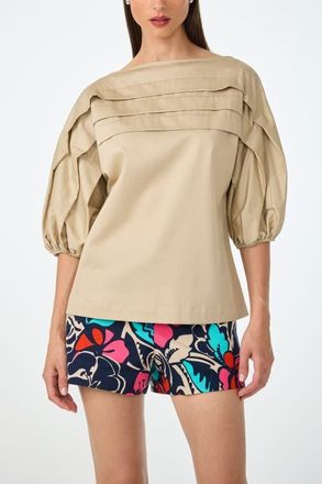 Trina Turk Grady Puff Sleeve Pleated Top in Biarritz Beige at Nordstrom, Size Xx-Large