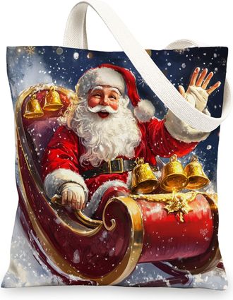 Generic Fun Christmas Santa Claus Canvas Tote Bag for Shopping 13x15, Xmas Sleigh Snowflake Reusable Grocery Print Bag for Women Men, Holiday New Year Aesthet